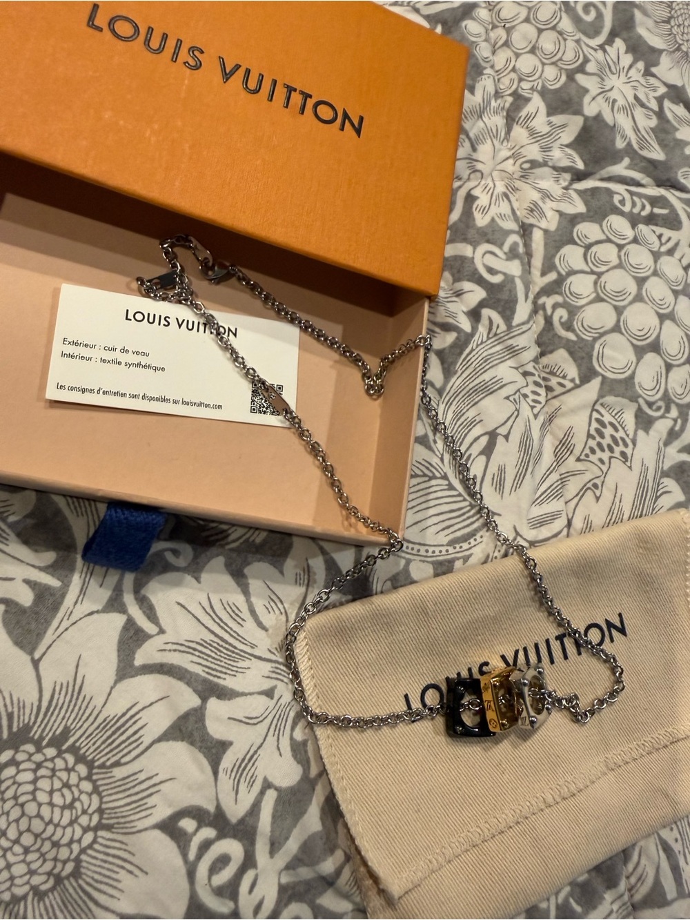 Louis Vuitton Silver Chain Necklace with tri color Charm